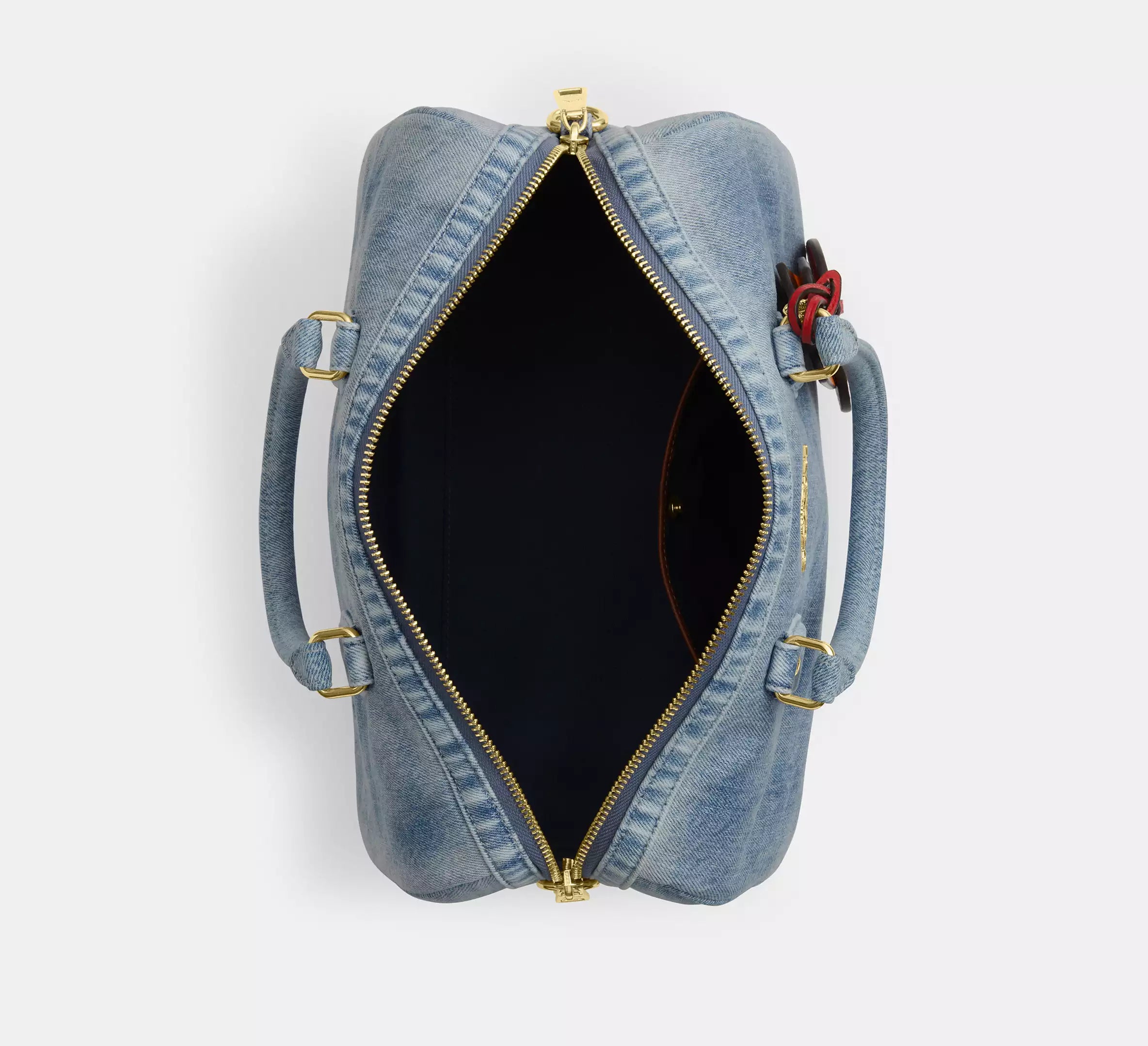 Coach Rowan Large Satchel Bag In Loved Denim With Charms -  Gold/Light Indigo
