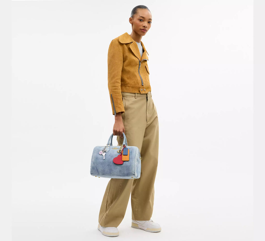 Coach Rowan Large Satchel Bag In Loved Denim With Charms -  Gold/Light Indigo