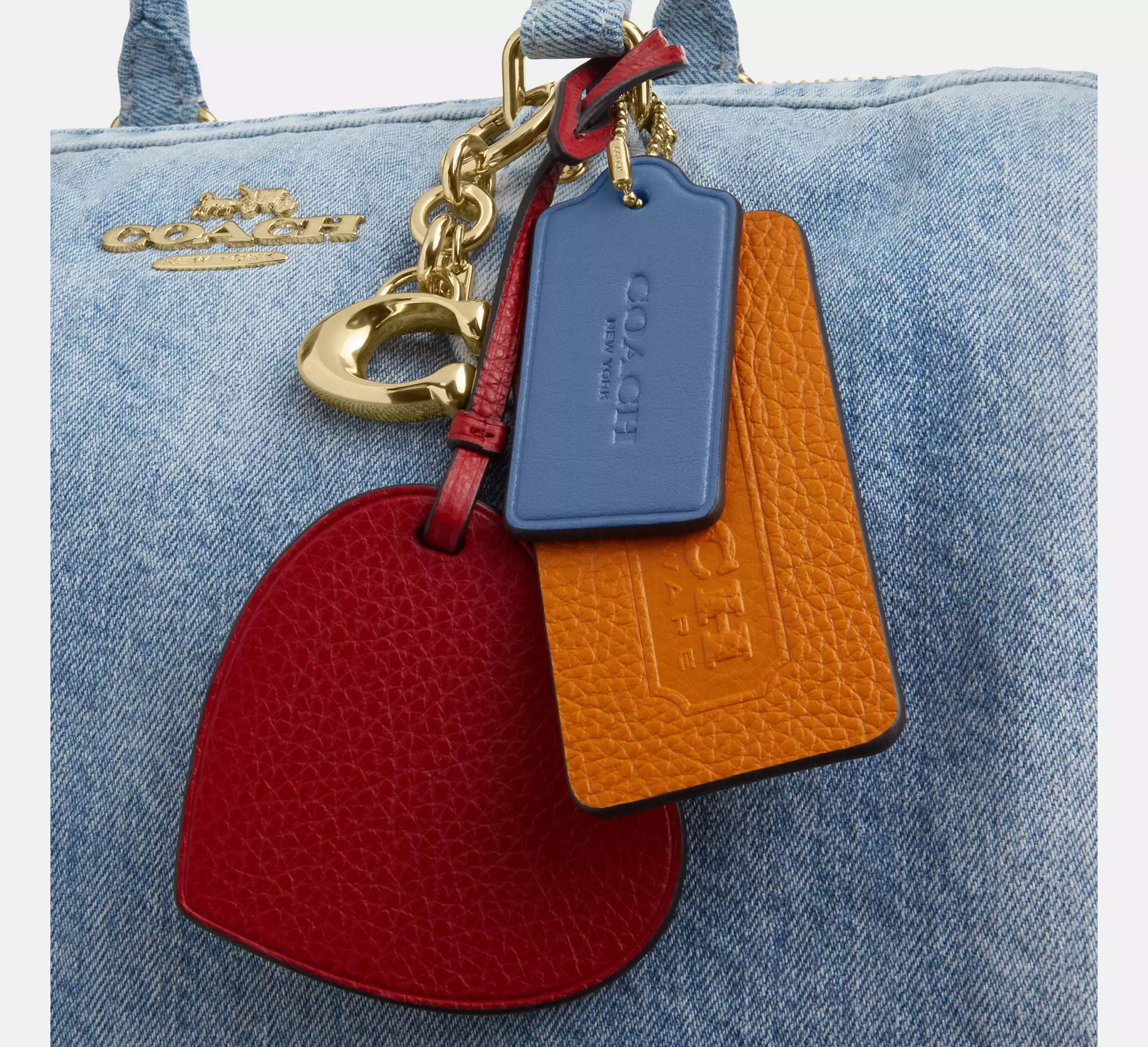 Coach Rowan Large Satchel Bag In Loved Denim With Charms -  Gold/Light Indigo