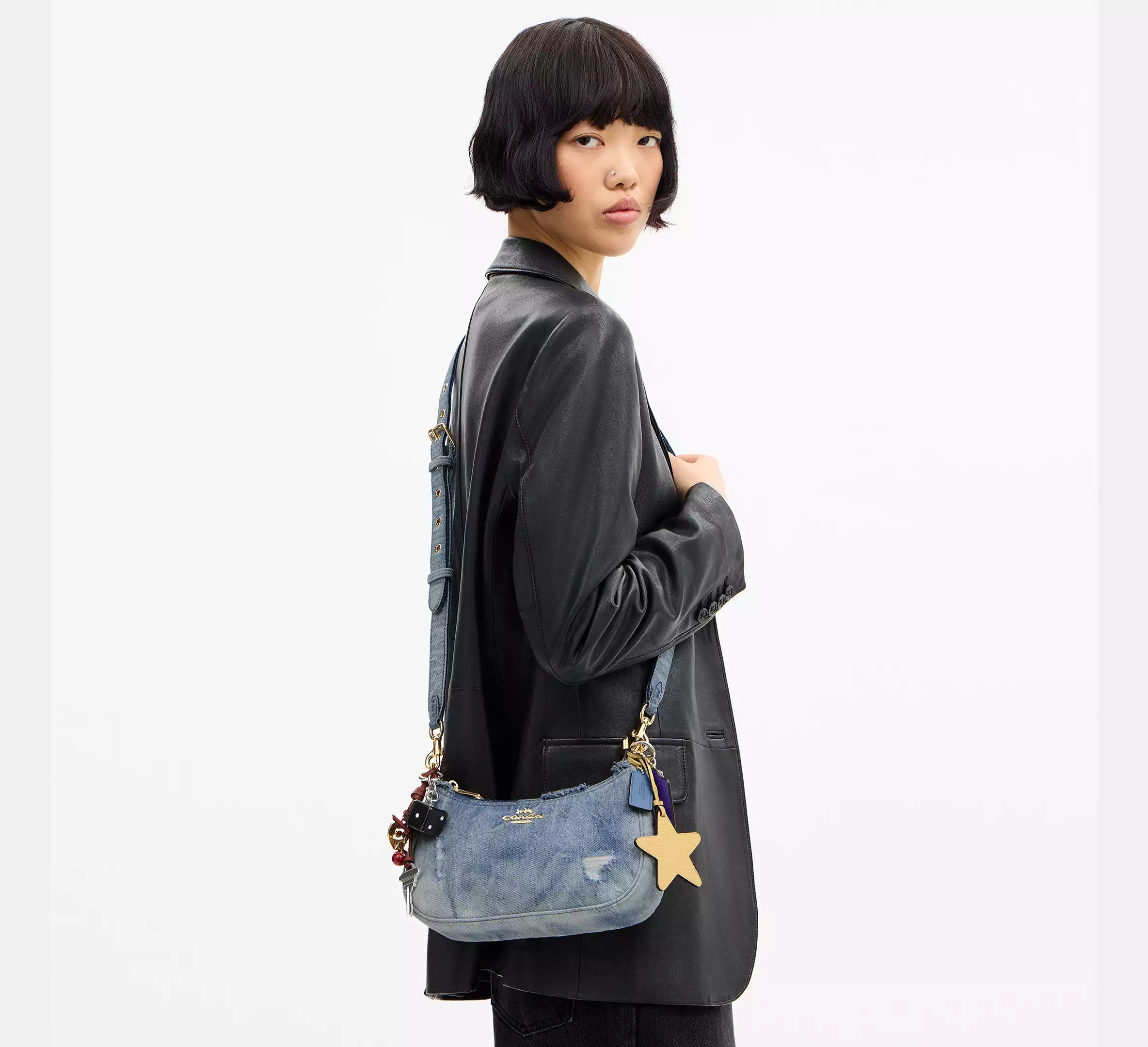 Coach Teri Shoulder Bag In Loved Denim With Charms - denim/Gold/Light Indigo