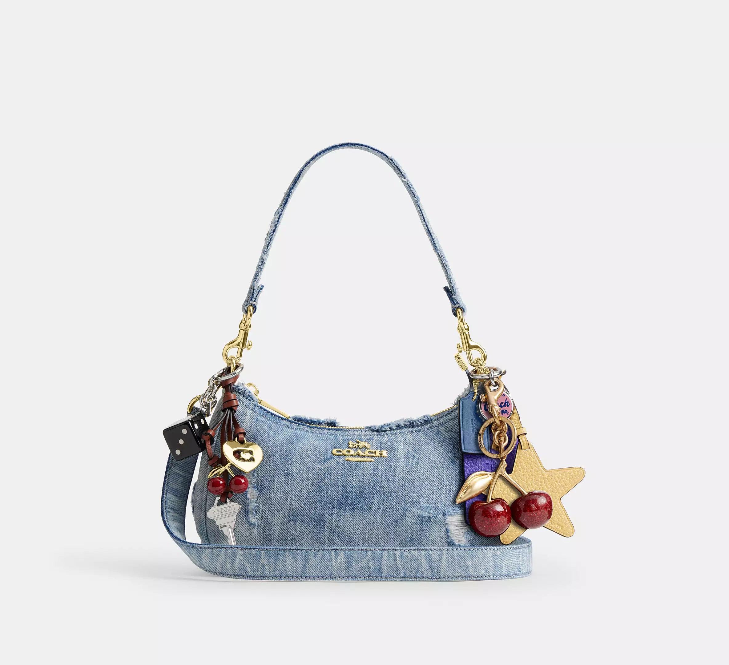 Coach Teri Shoulder Bag In Loved Denim With Charms - denim/Gold/Light Indigo