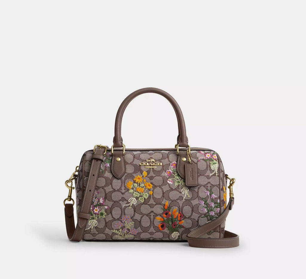 Coach  Rowan Satchel Bag In Signature Jacquard With Floral Embroidery - Gold/Oak Multi