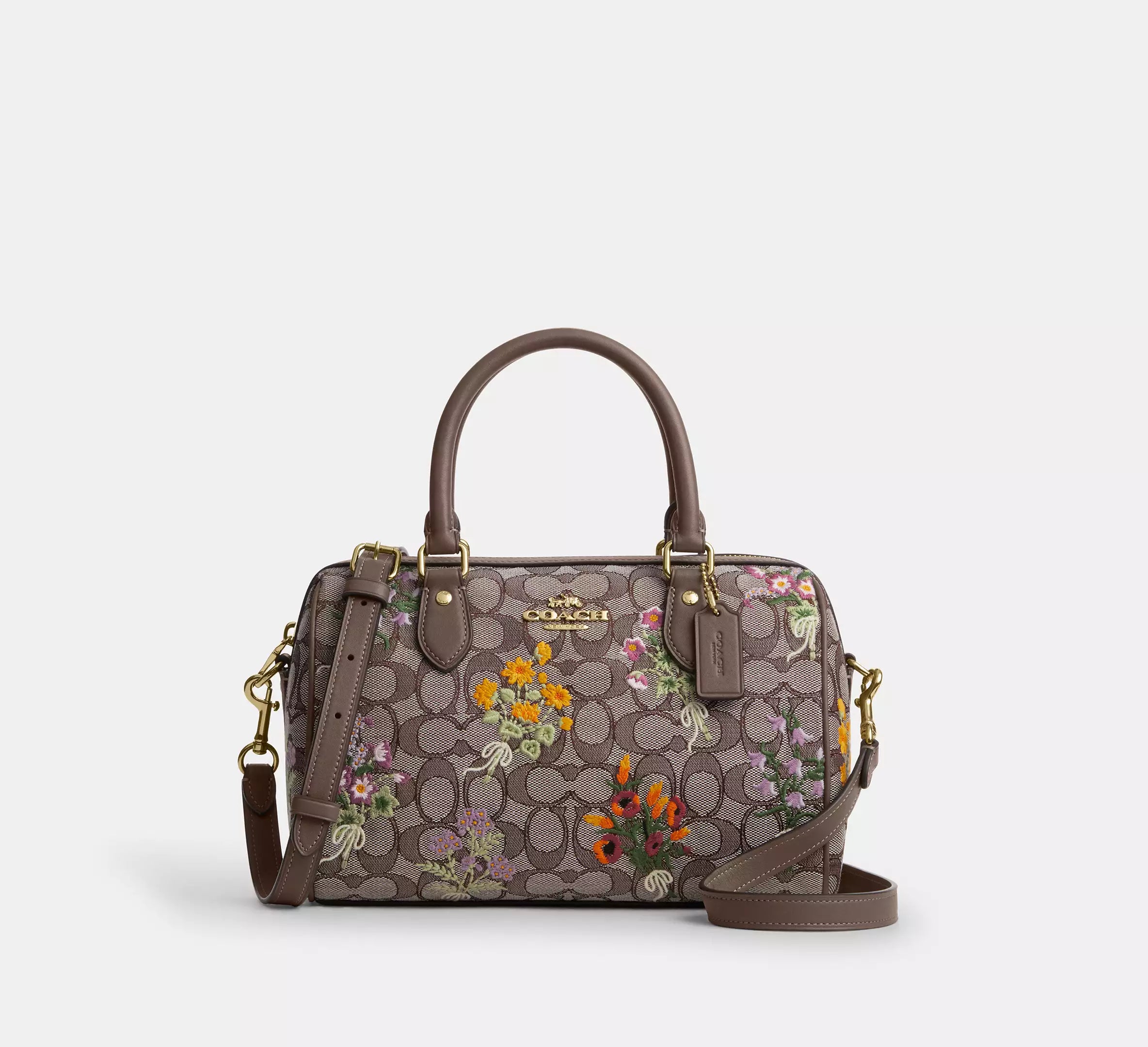 Coach  Rowan Satchel Bag In Signature Jacquard With Floral Embroidery - Gold/Oak Multi