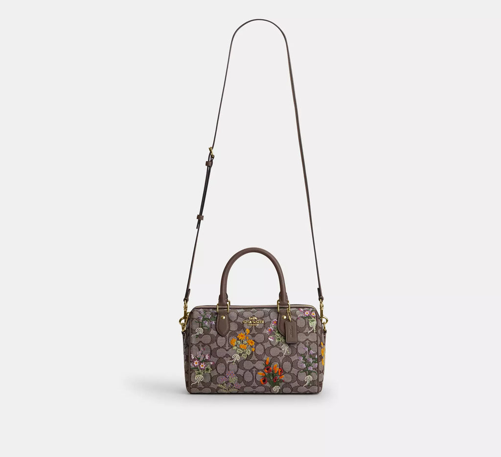 Coach  Rowan Satchel Bag In Signature Jacquard With Floral Embroidery - Gold/Oak Multi