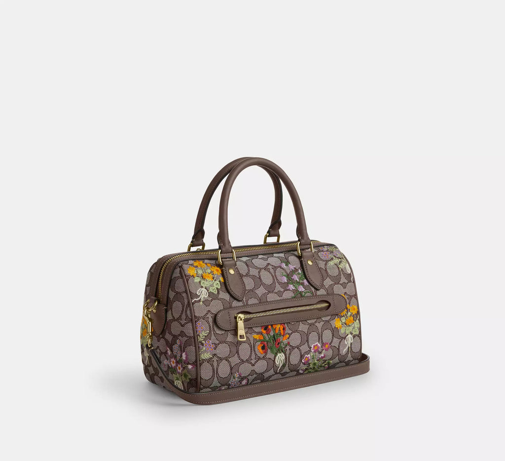 Coach  Rowan Satchel Bag In Signature Jacquard With Floral Embroidery - Gold/Oak Multi