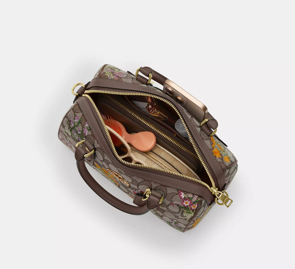 Coach  Rowan Satchel Bag In Signature Jacquard With Floral Embroidery - Gold/Oak Multi