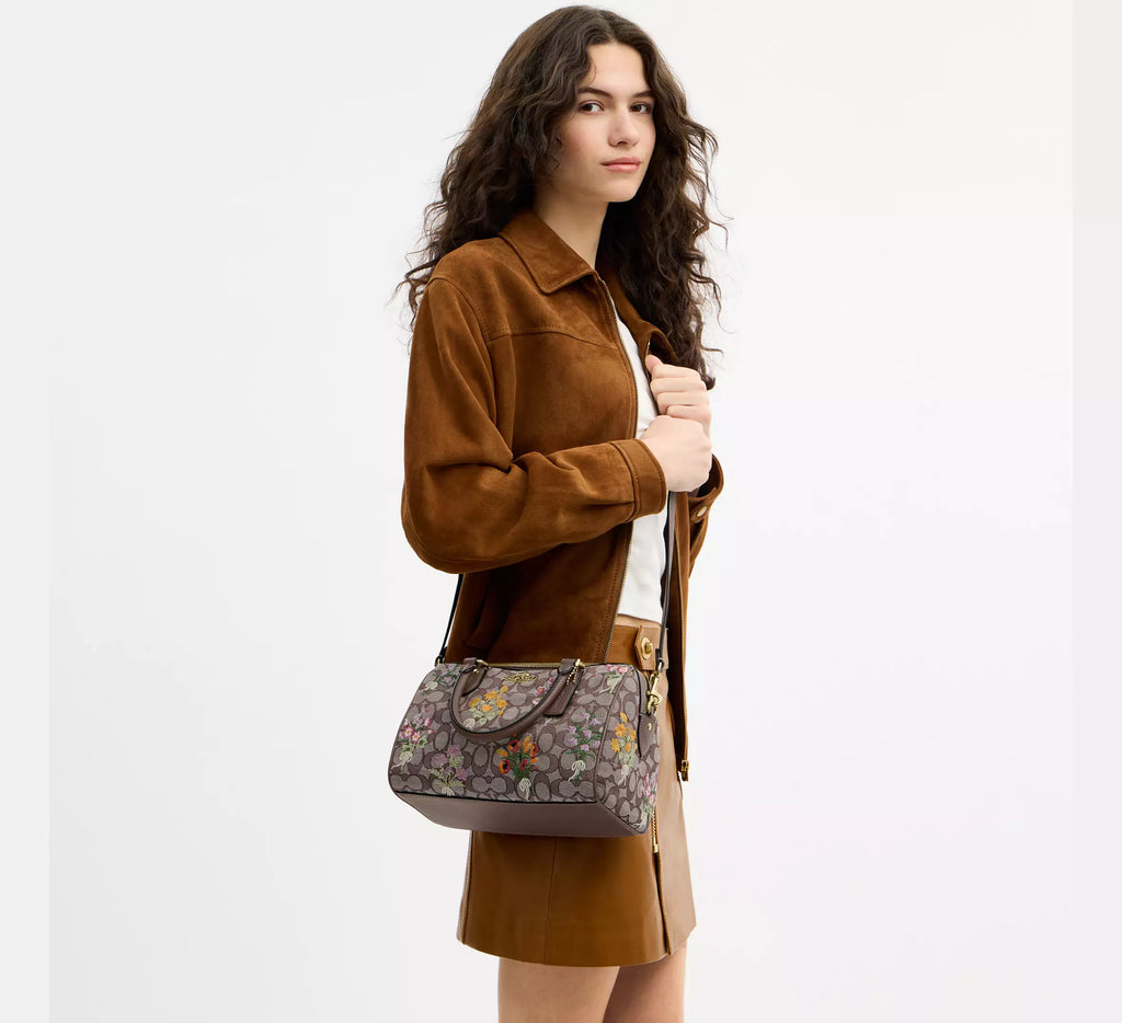 Coach  Rowan Satchel Bag In Signature Jacquard With Floral Embroidery - Gold/Oak Multi
