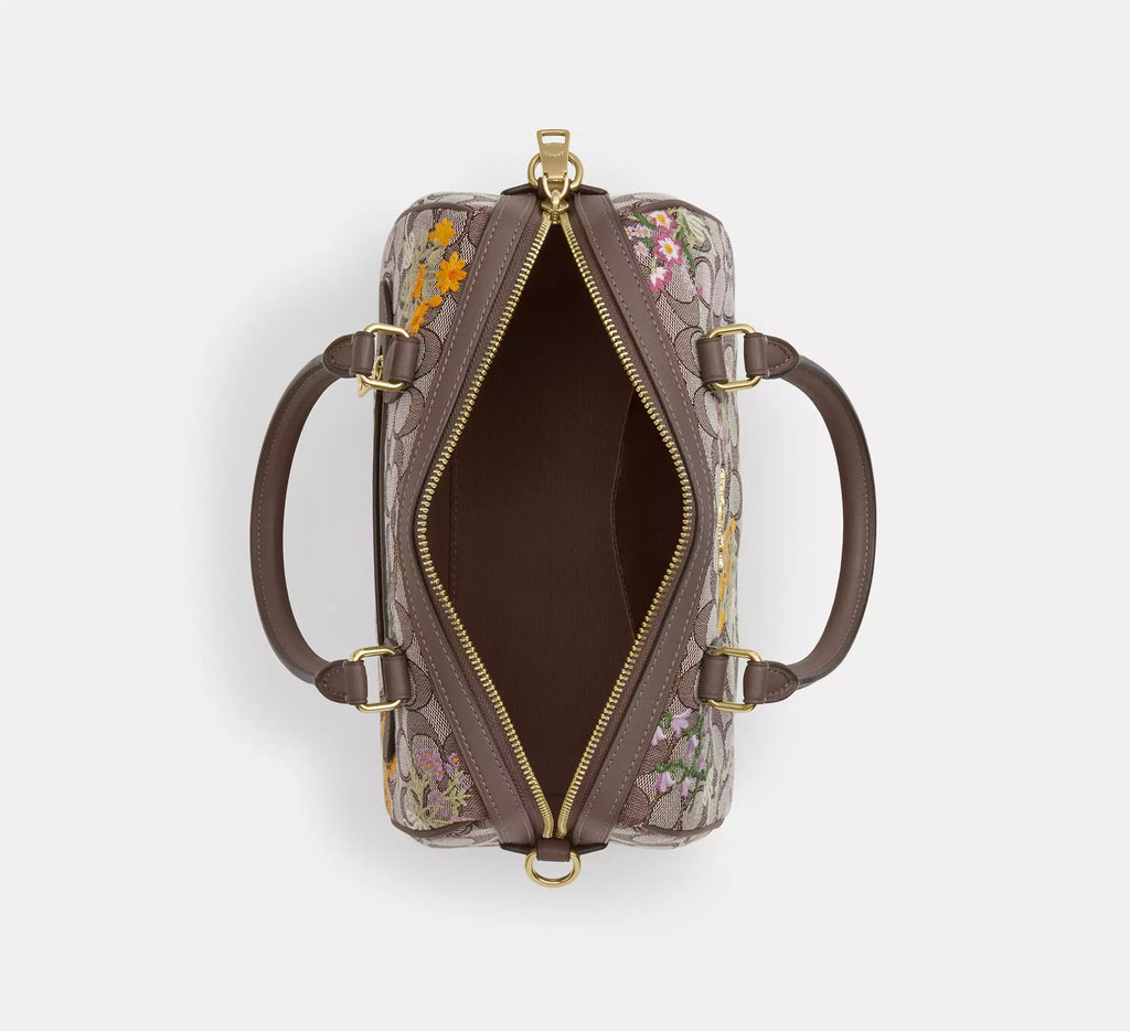 Coach  Rowan Satchel Bag In Signature Jacquard With Floral Embroidery - Gold/Oak Multi