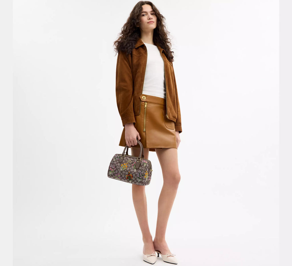 Coach  Rowan Satchel Bag In Signature Jacquard With Floral Embroidery - Gold/Oak Multi