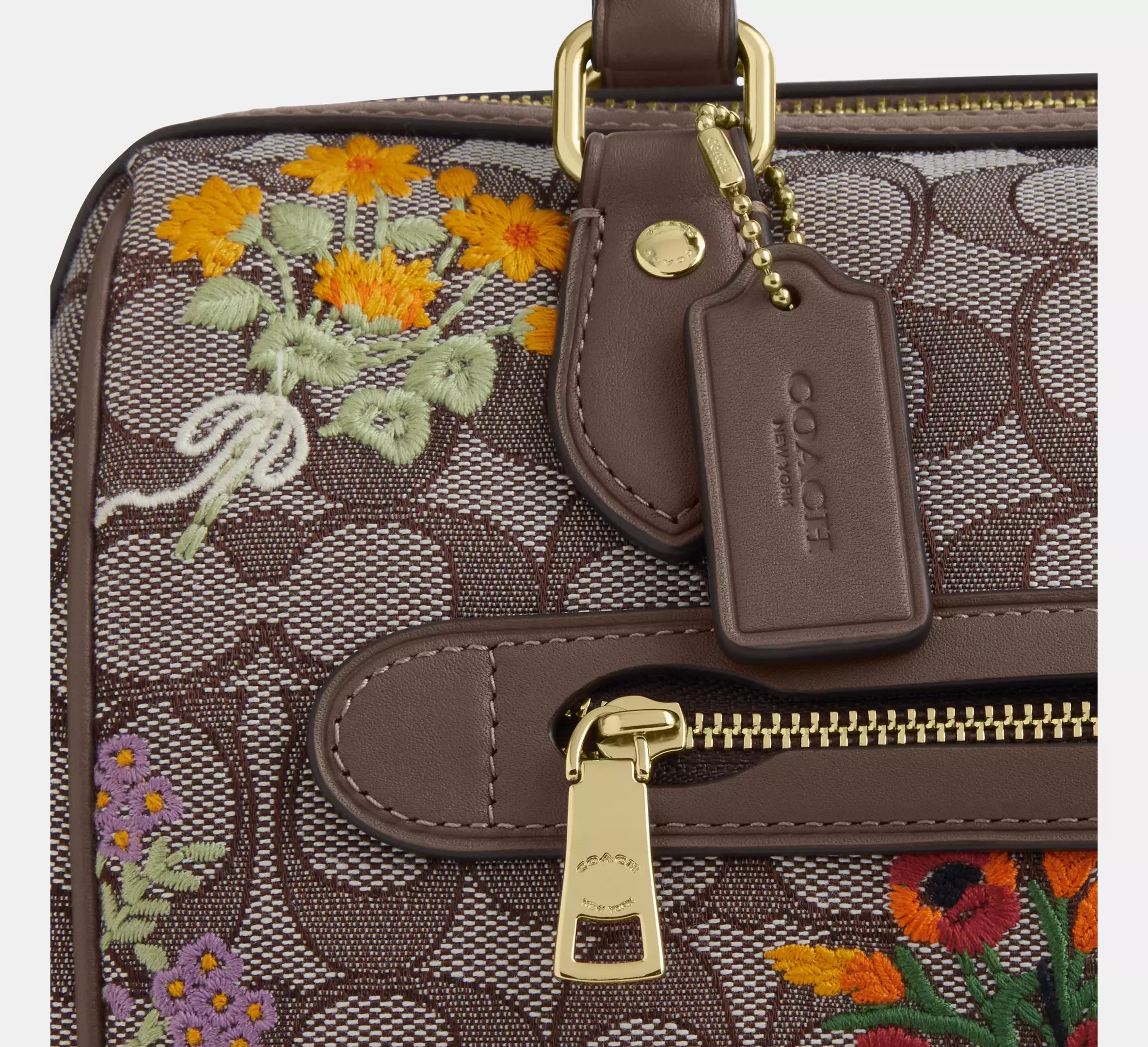 Coach  Rowan Satchel Bag In Signature Jacquard With Floral Embroidery - Gold/Oak Multi