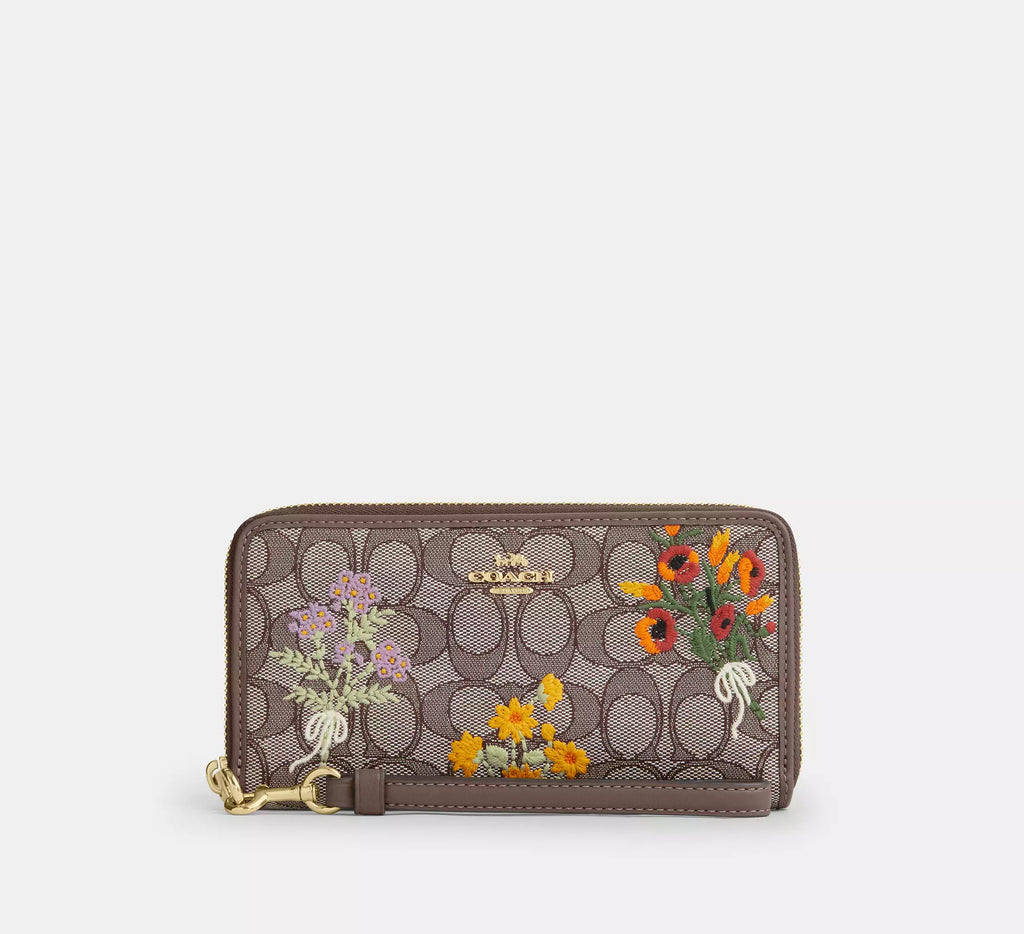 Coach Long Zip Around Wallet In Signature Jacquard With Floral Embroidery  - Gold/Oak Multi