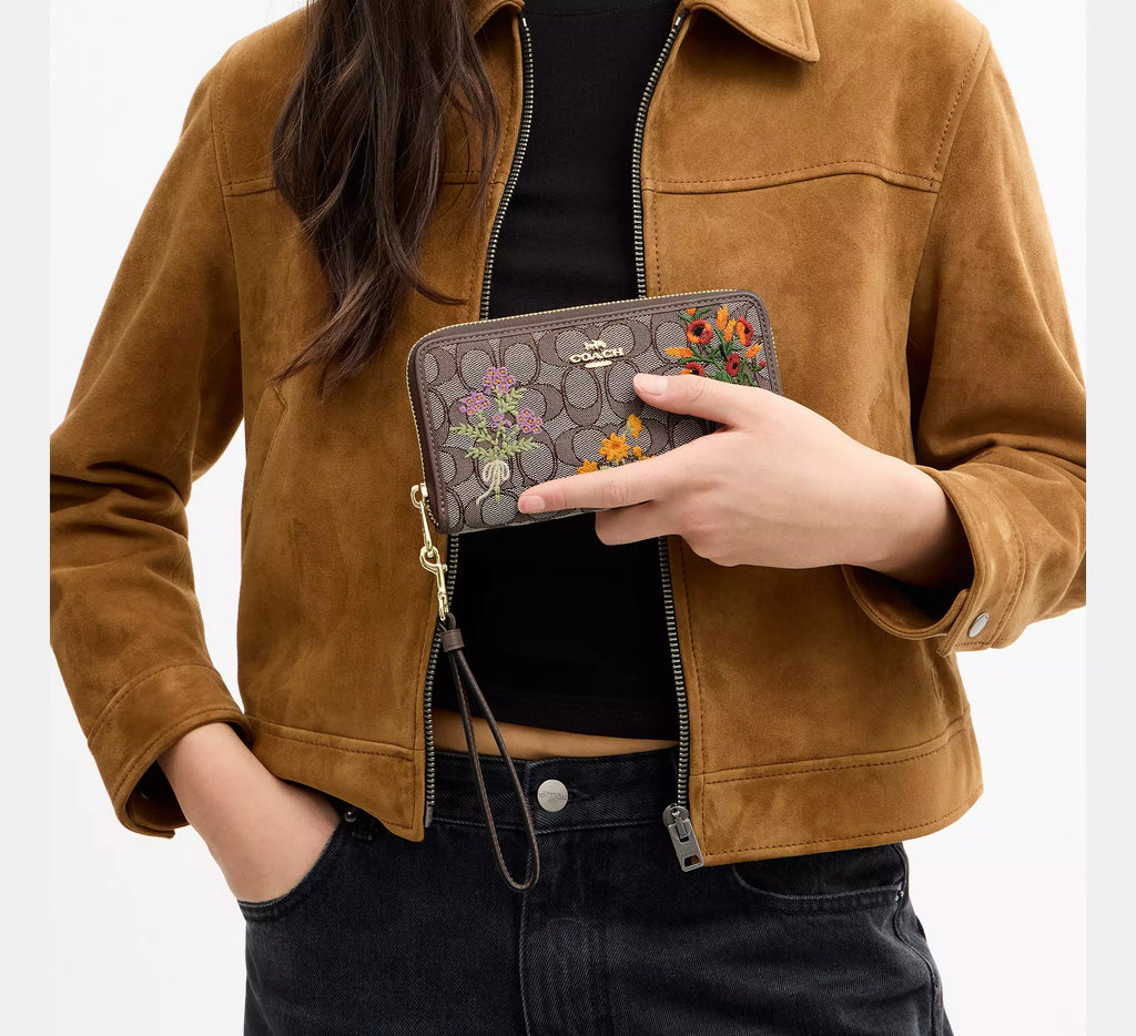 Coach Long Zip Around Wallet In Signature Jacquard With Floral Embroidery  - Gold/Oak Multi