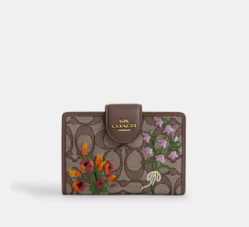 Coach Medium Corner Zip Wallet In Signature Jacquard With Floral Embroidery - Gold/Oak Multi