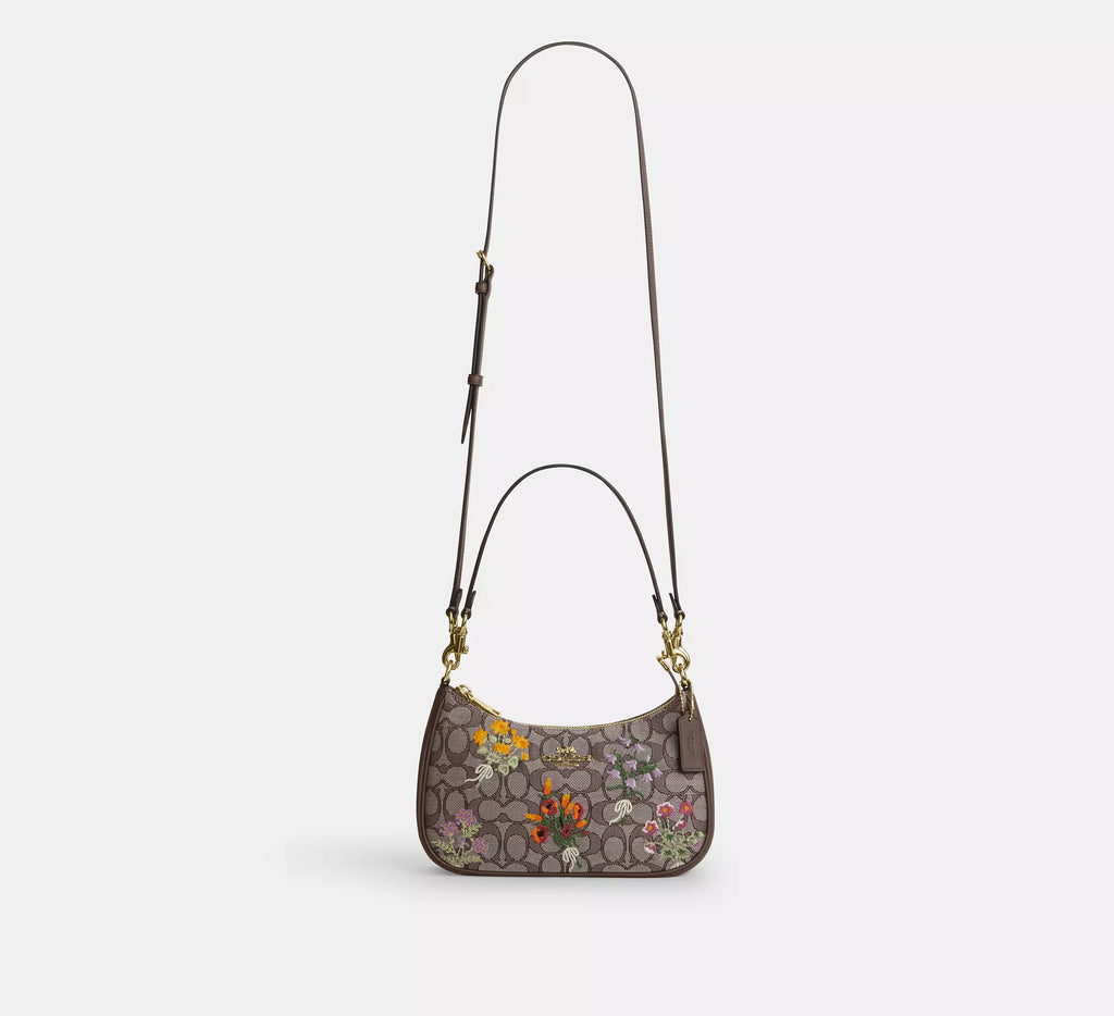 Coach Teri Shoulder Bag In Signature Jacquard With Floral Embroidery - Gold/Oak Multi