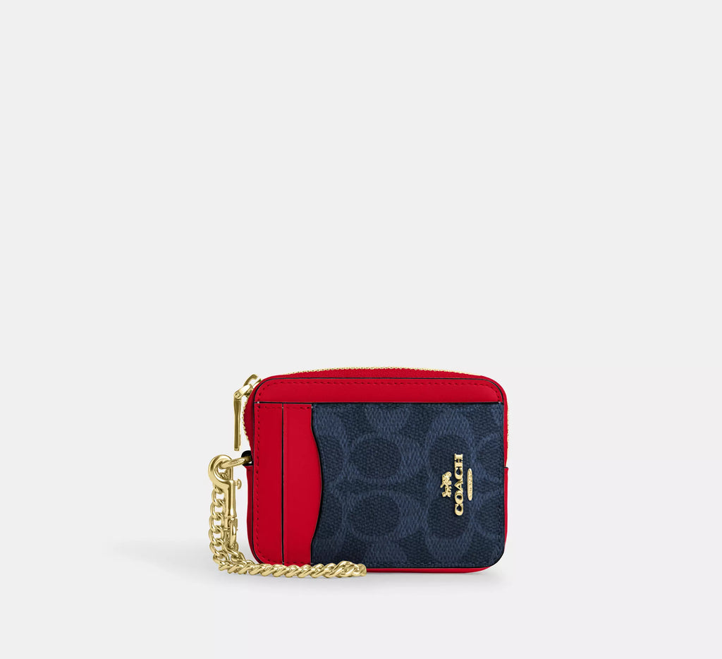 Coach Zip Card Case In Signature - Gold/Den Gold/Bold Red