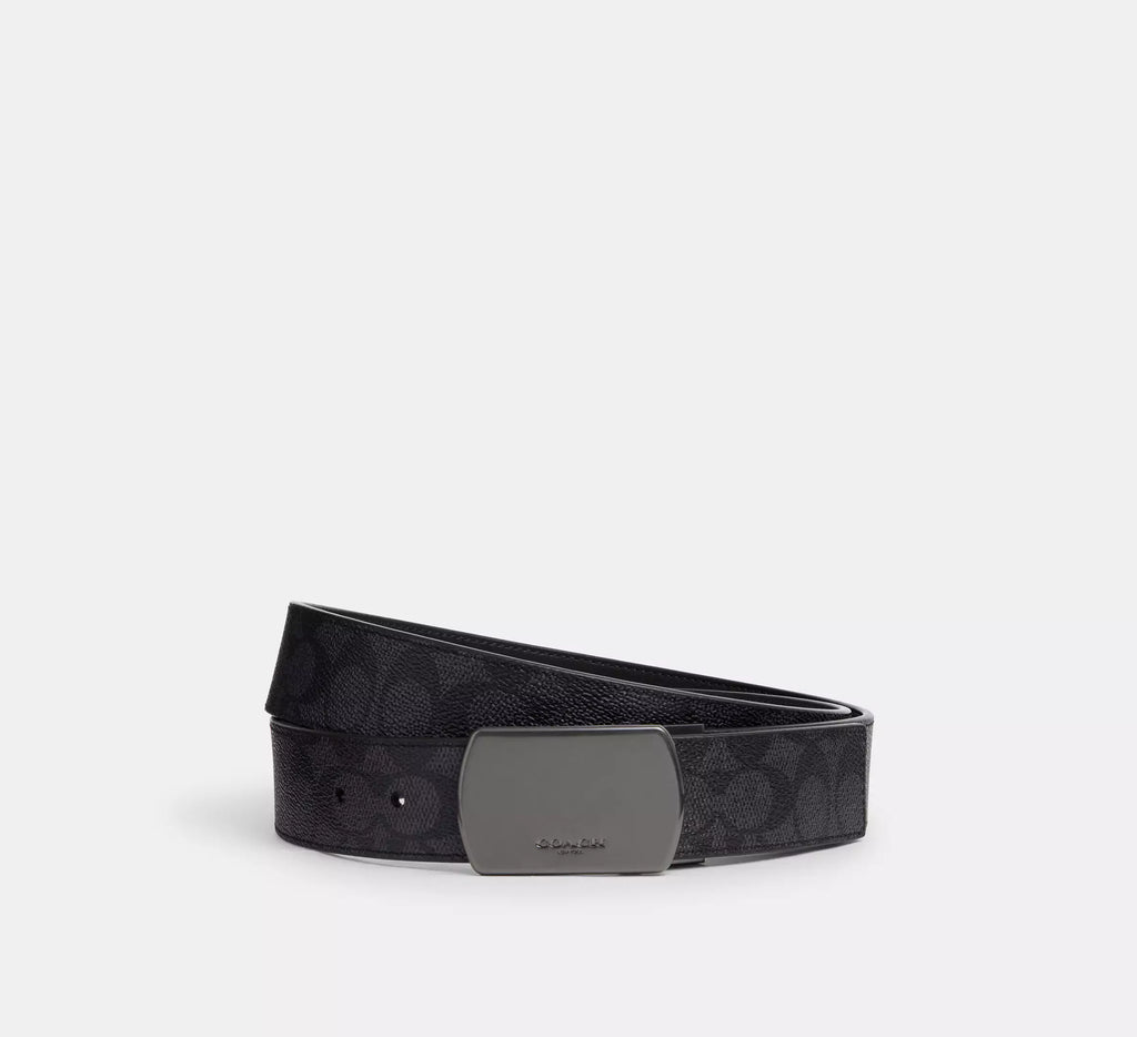 Coach Plaque Buckle Cut-To-Size Reversible Belt, 38 Mm  -  Gunmetal/Charcoal/Black