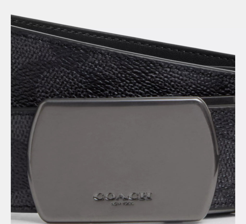 Coach Plaque Buckle Cut-To-Size Reversible Belt, 38 Mm  -  Gunmetal/Charcoal/Black