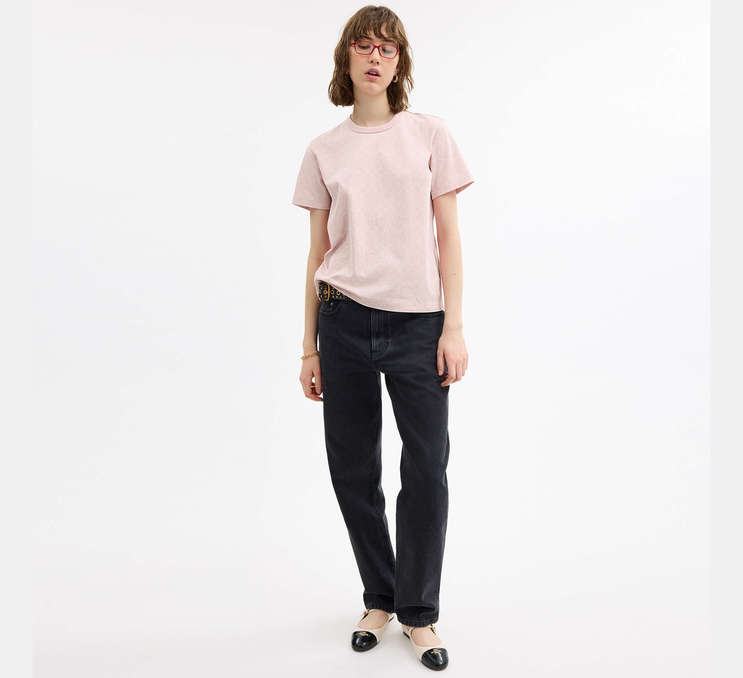 Coach All Over Signature T-Shirt In Organic Cotton  -  Pink Multi