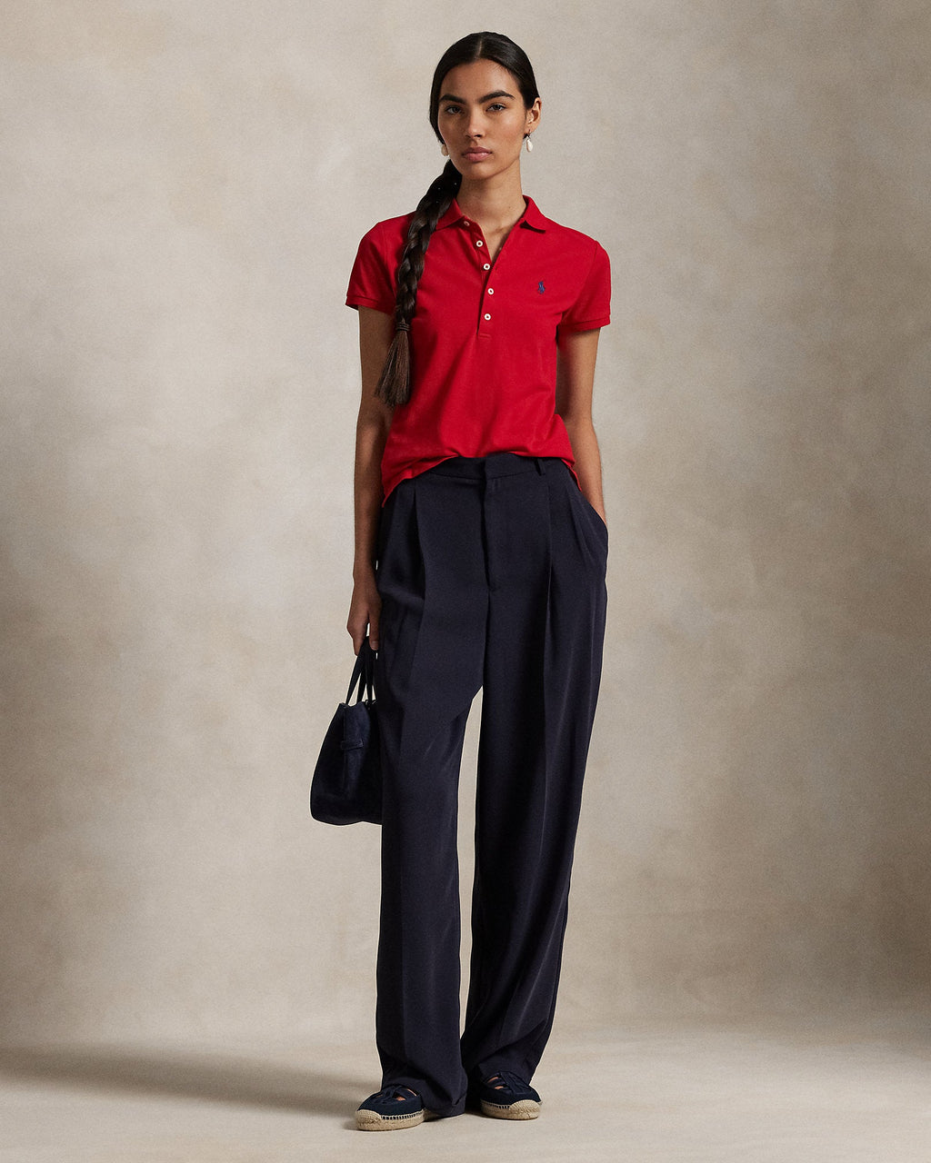 Ralph Lauren Women Slim Fit Stretch Polo Shirt  - Red/Navy