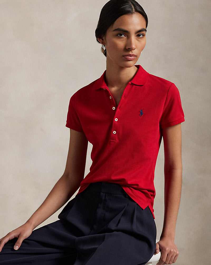 Ralph Lauren Women Slim Fit Stretch Polo Shirt  - Red/Navy