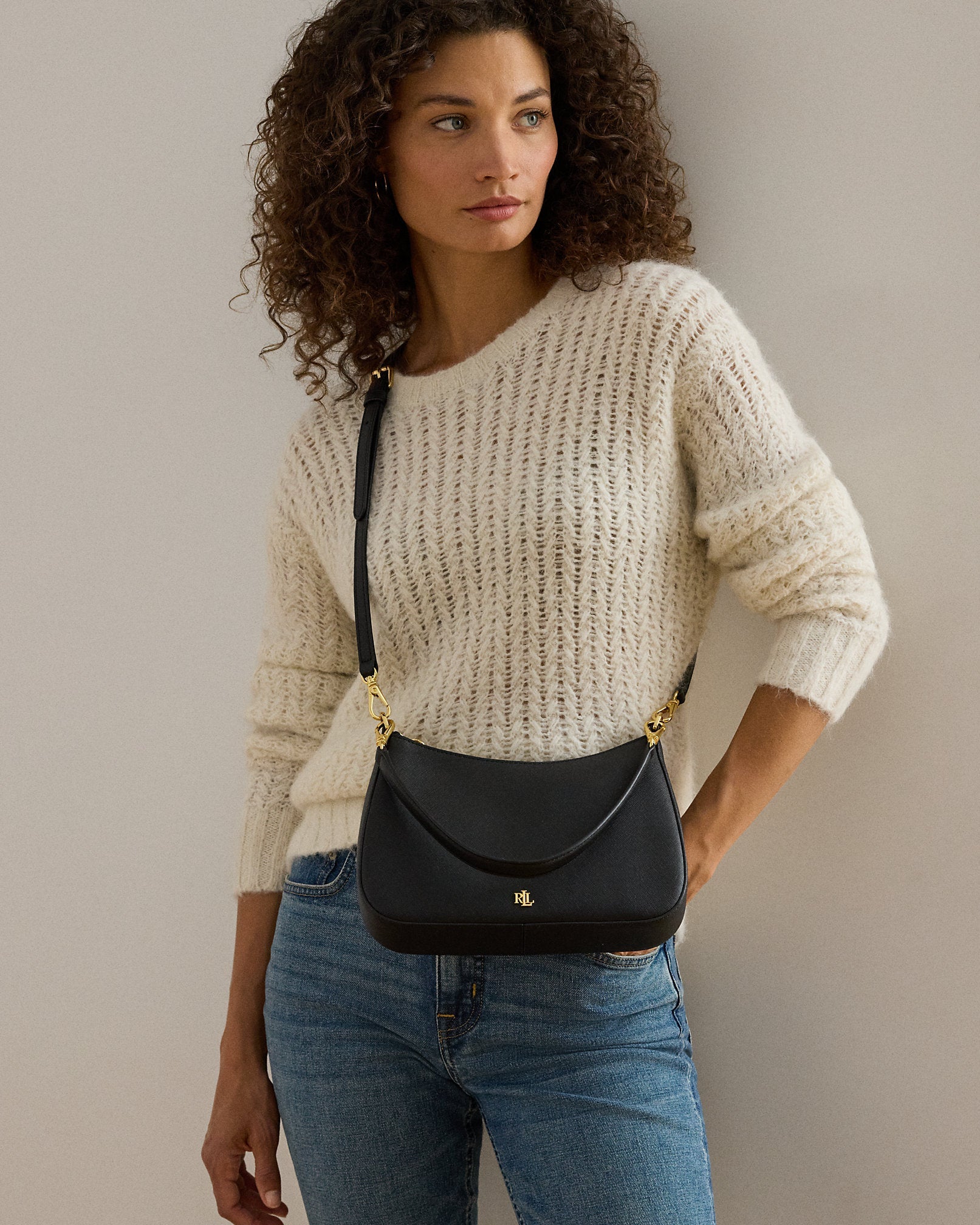 Ralph Lauren Crosshatch Leather Medium Danni Bag  -  Black