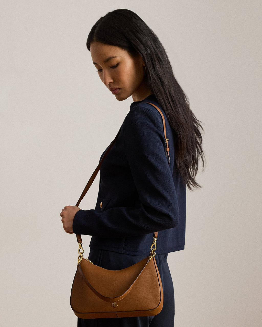 Ralph Lauren Crosshatch Leather Medium Danni Bag  -  Lauren Tan