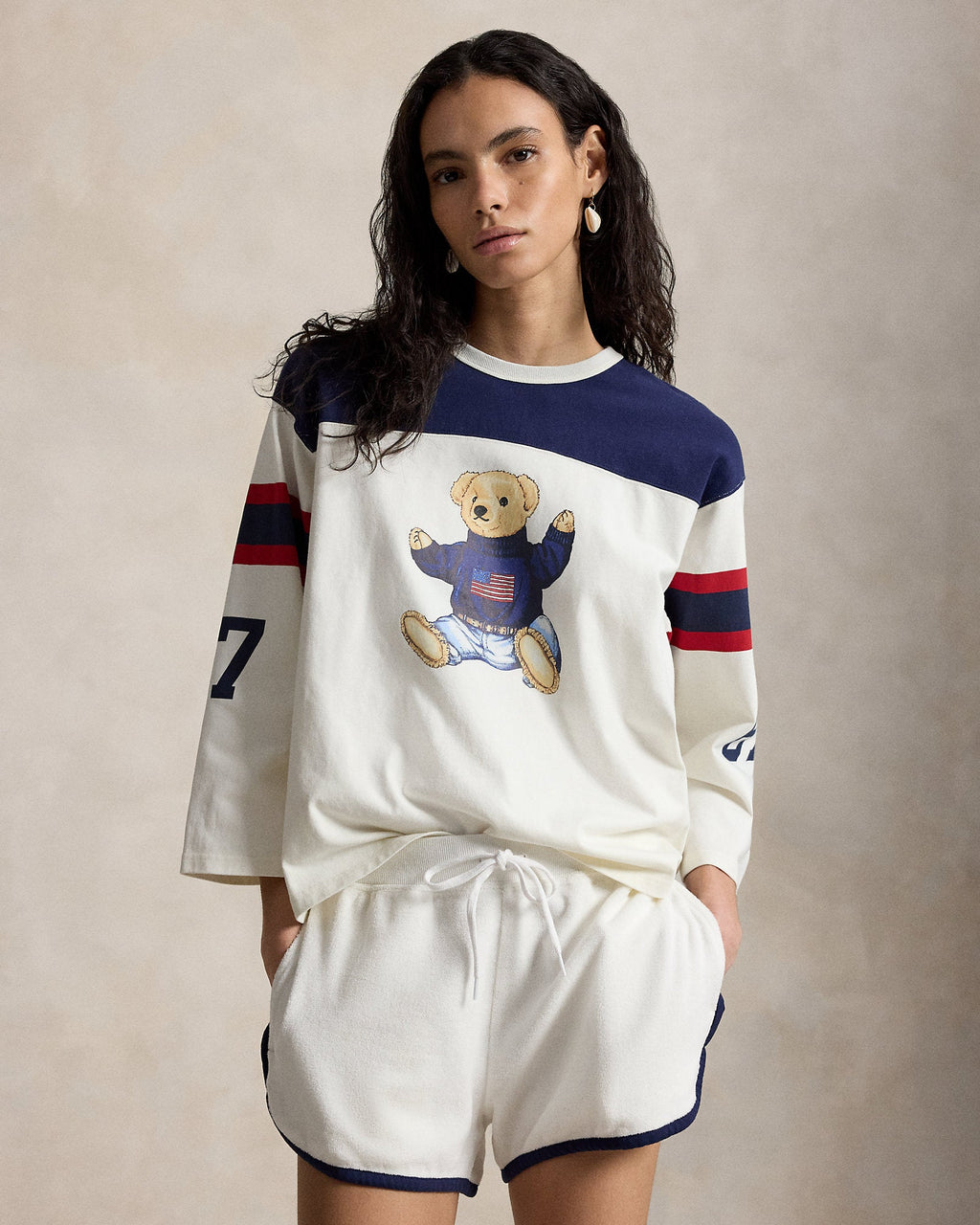 Ralph Lauren Women Polo Bear Cotton Jersey Tee  -  Warm White/Newport Navy