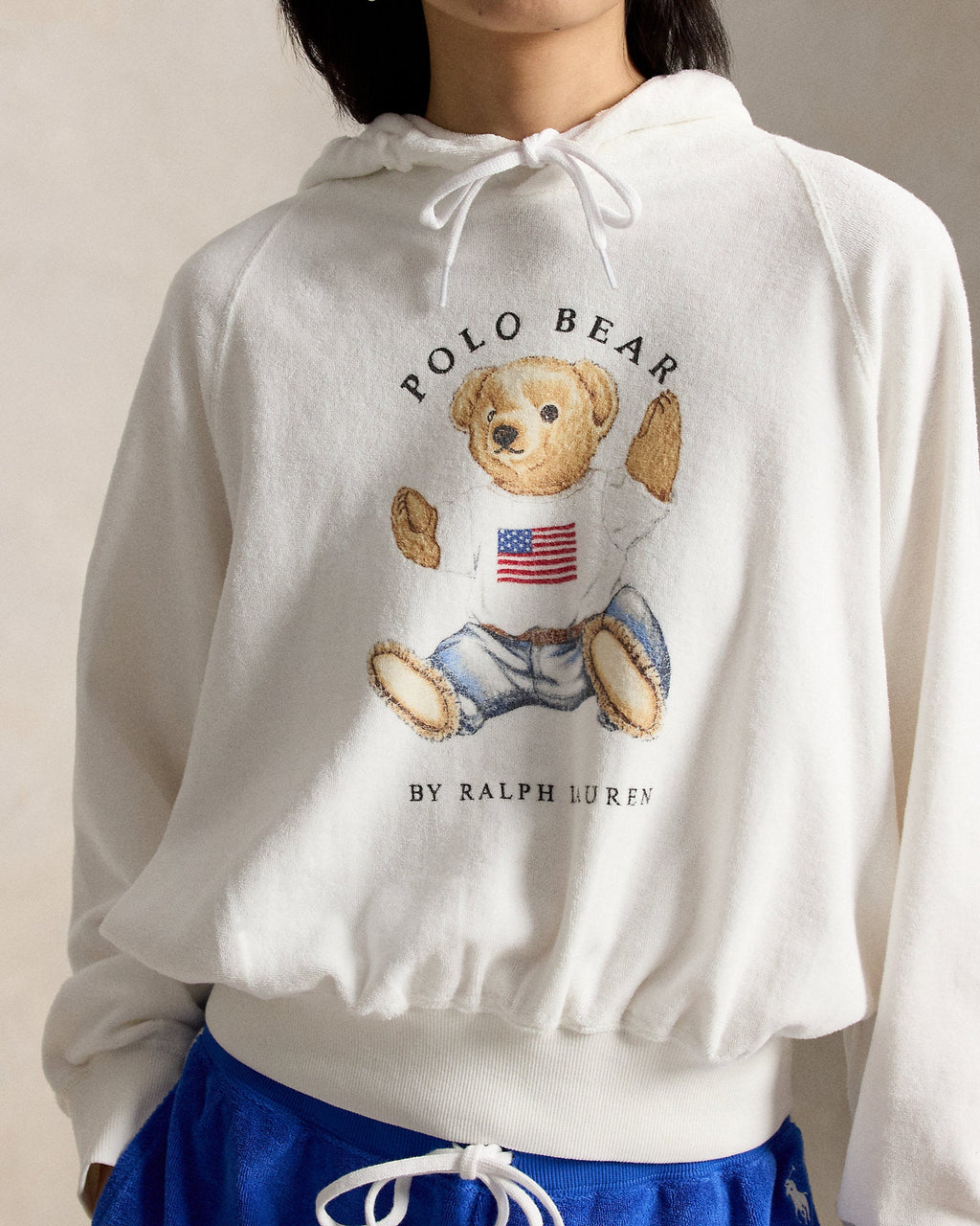 Ralph Lauren Women Shrunken Fit Polo Bear Terry Hoodie  -  White