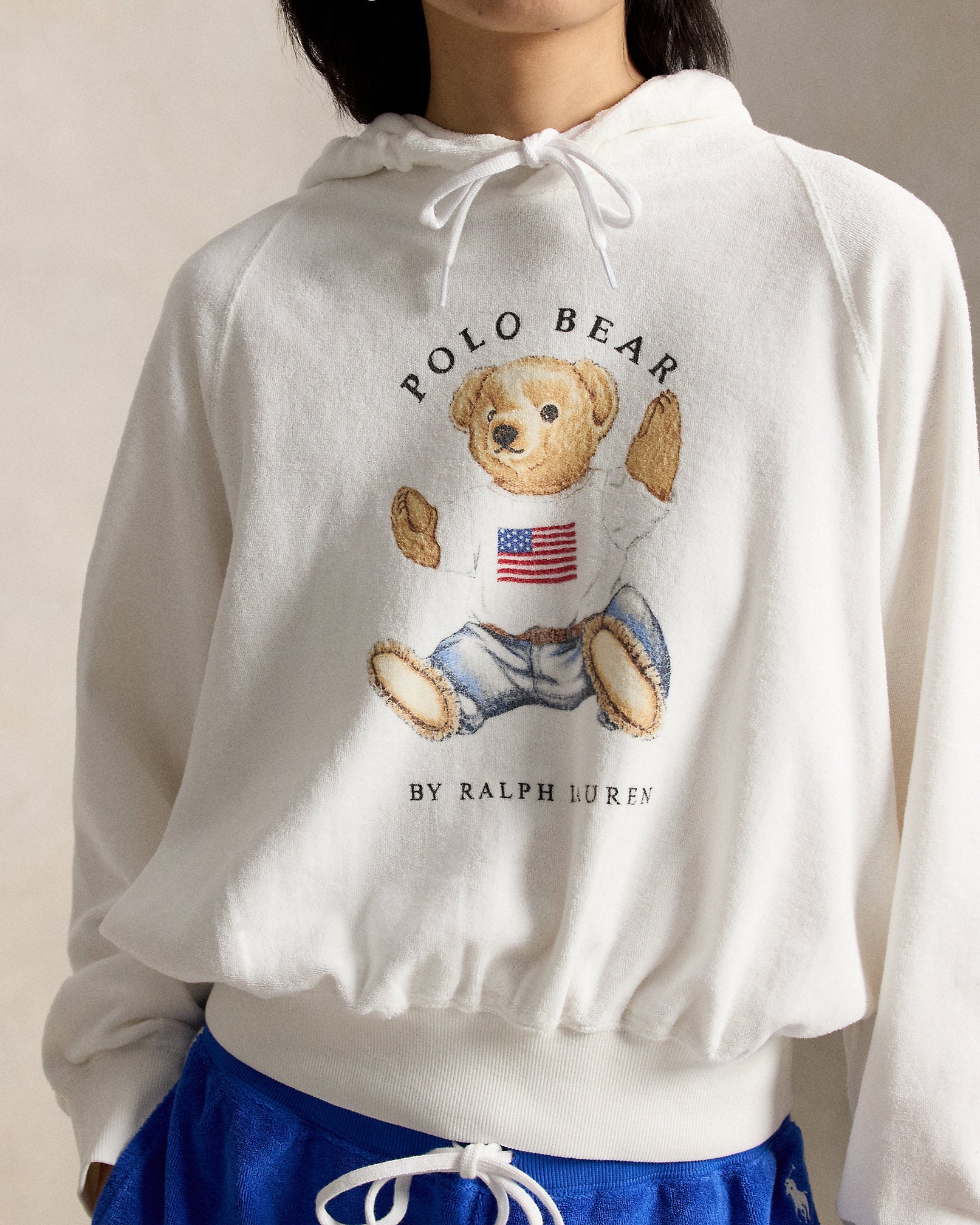 Ralph Lauren Women Shrunken Fit Polo Bear Terry Hoodie  -  White