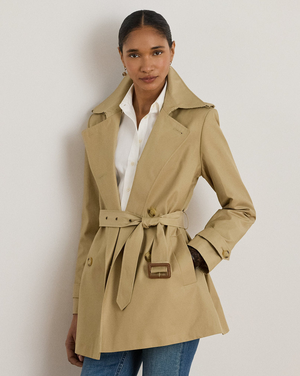 Ralph Lauren Women Double-Breasted Cotton-Blend Trench Coat  -  Birch Tan