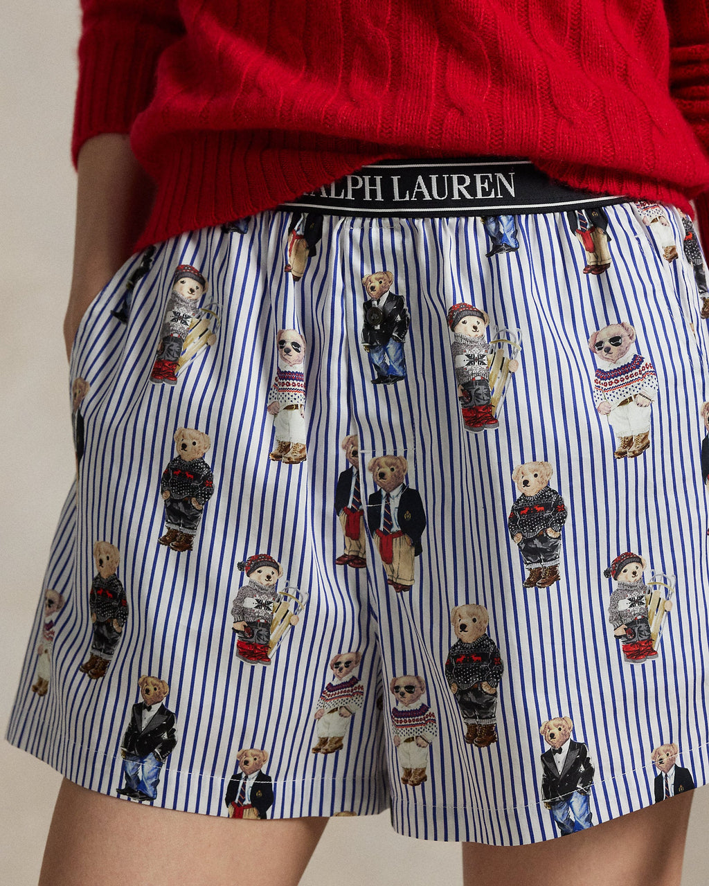 Ralph Lauren Women Striped Polo Bear Cotton Sateen Boxer  -  Snowfall Blue