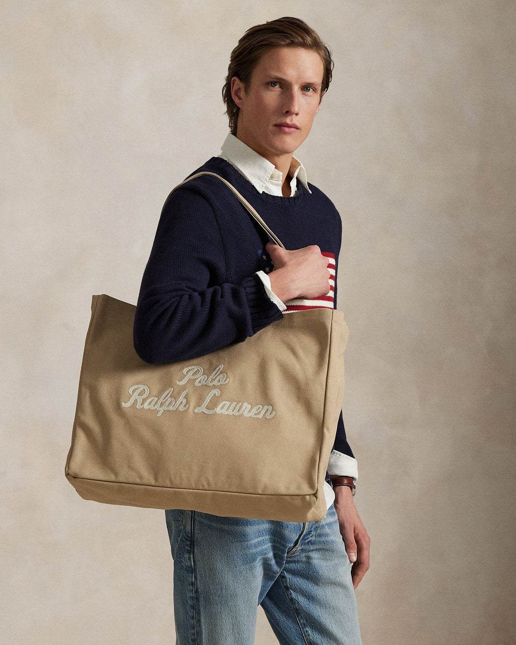 Ralph Lauren Embroidered Canvas Tote  -  Tan