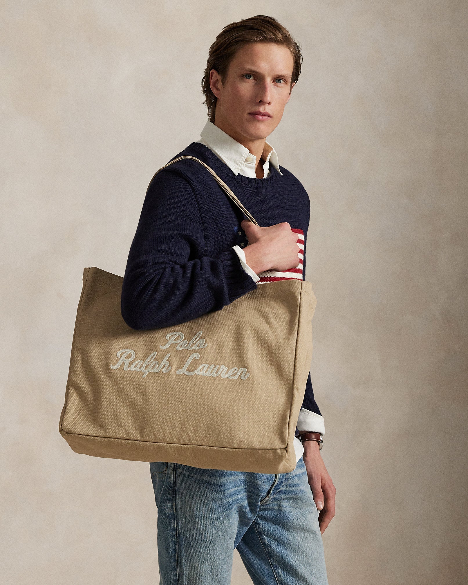 Ralph Lauren Embroidered Canvas Tote  -  Tan