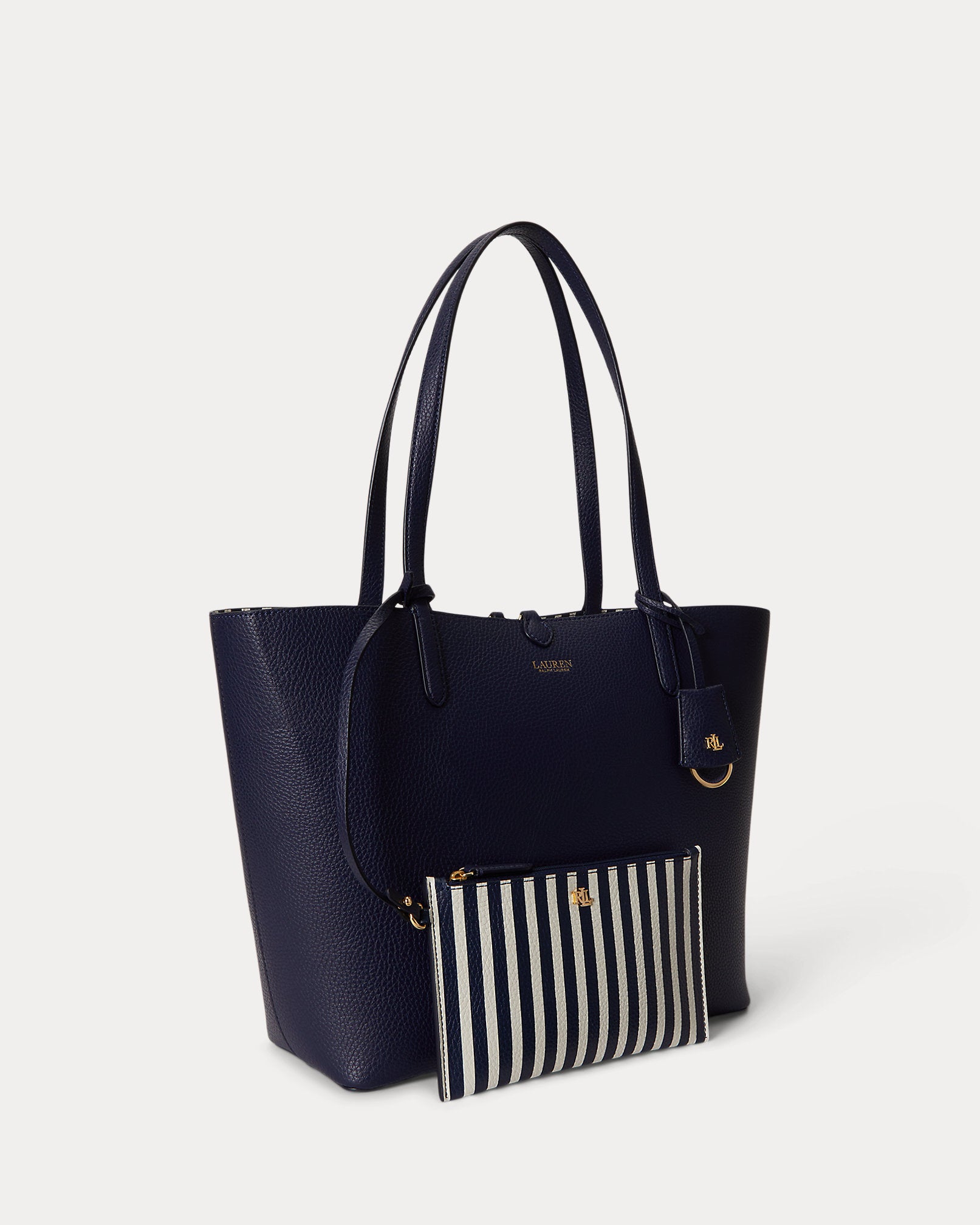 Ralph Lauren Faux-Leather Large Reversible Tote Bag  -  Refined Navy/Skinny Stripe