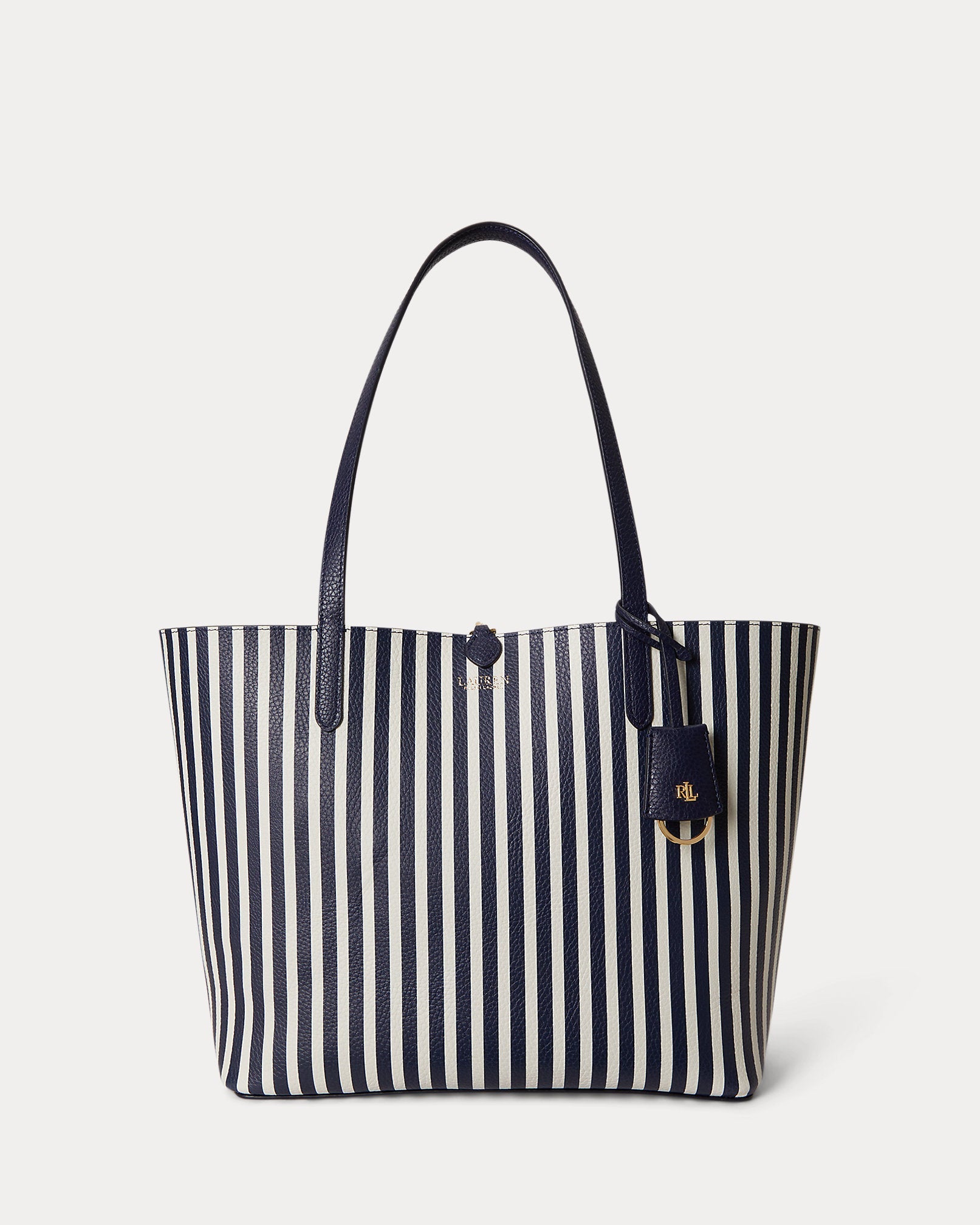 Ralph Lauren Faux-Leather Large Reversible Tote Bag  -  Refined Navy/Skinny Stripe