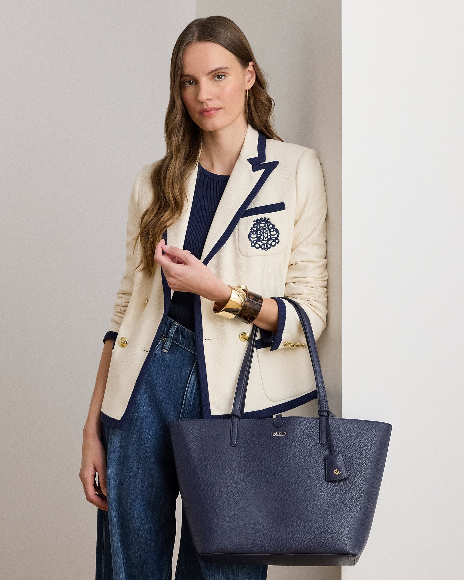 Ralph Lauren Faux-Leather Large Reversible Tote Bag  -  Refined Navy/Skinny Stripe