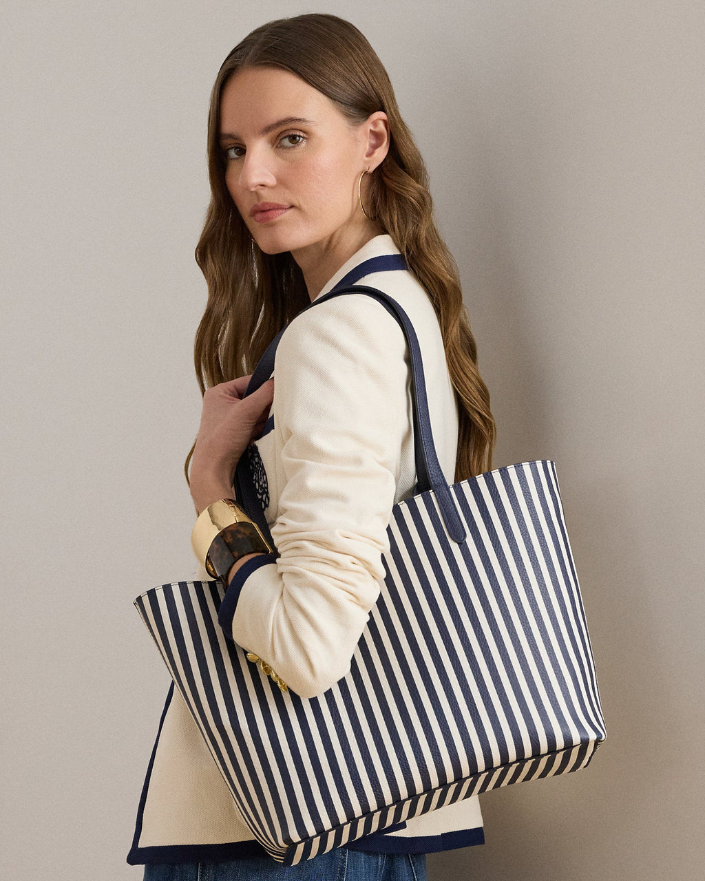 Ralph Lauren Faux-Leather Large Reversible Tote Bag  -  Refined Navy/Skinny Stripe