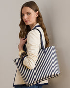 Ralph Lauren Faux-Leather Large Reversible Tote Bag  -  Refined Navy/Skinny Stripe