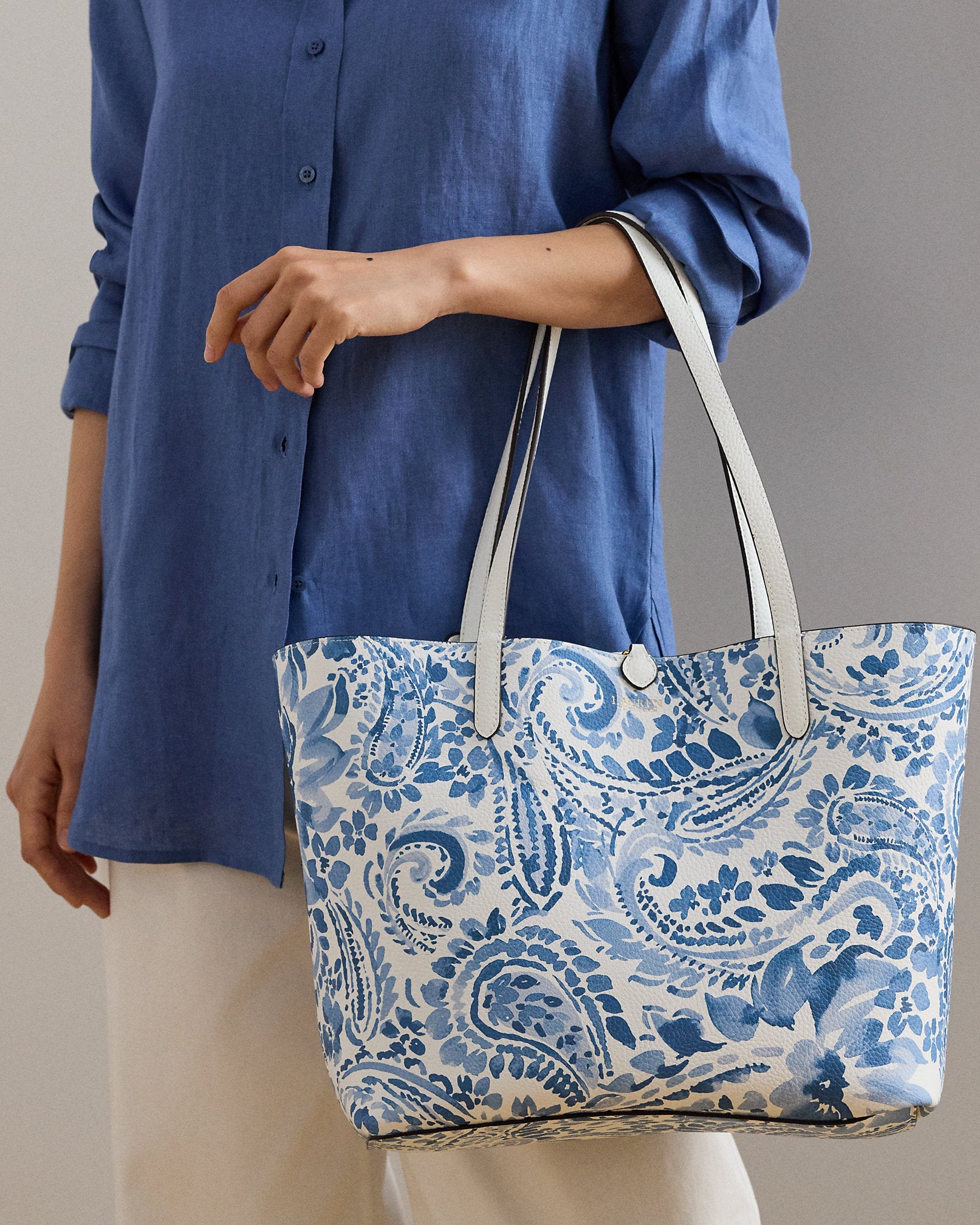 Ralph Lauren Faux-Leather Large Reversible Tote Bag  -  White/Summer Paisley