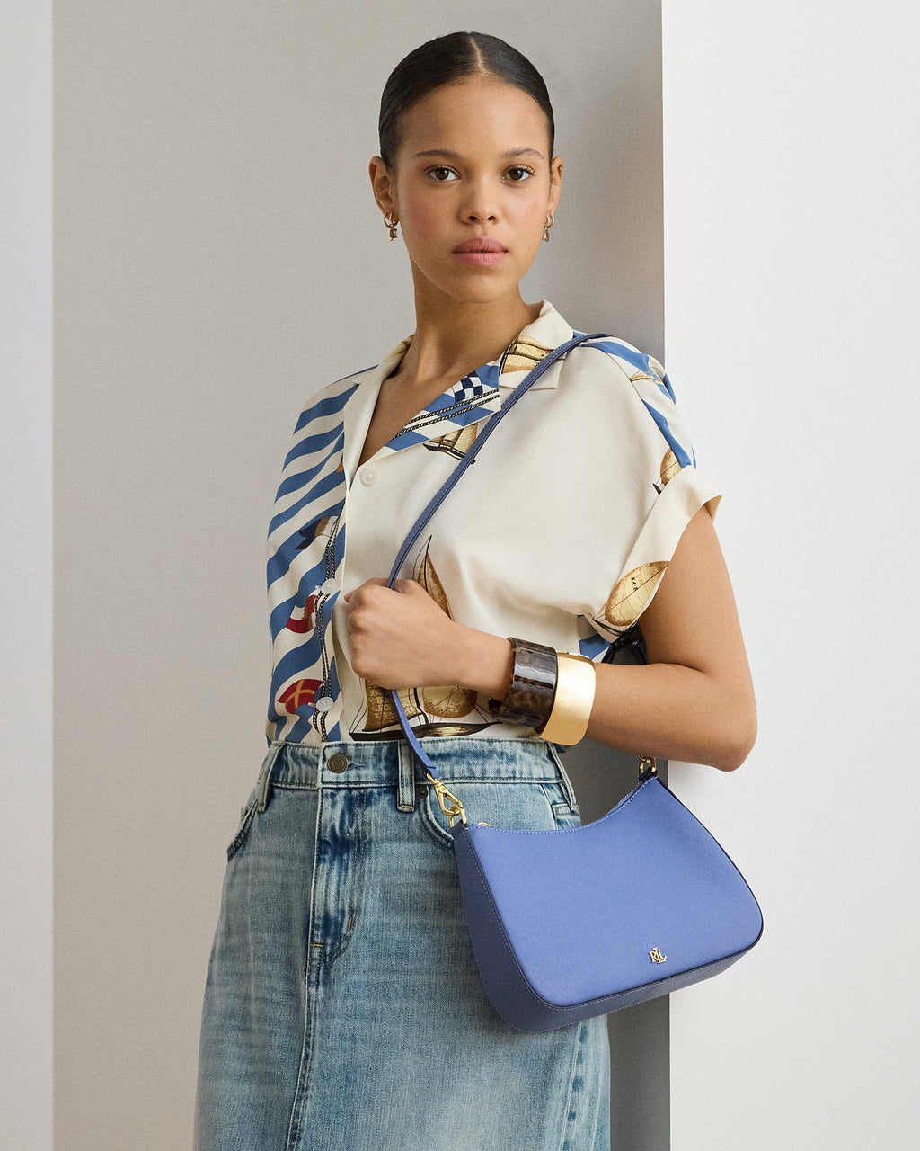 Ralph Lauren Crosshatch Leather Medium Danni Bag  -  Carson Blue